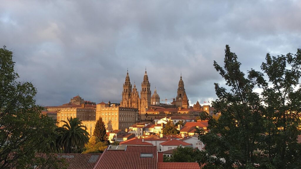 Santiago de Compostela old town overview with cathedral spires and traditional granite buildings